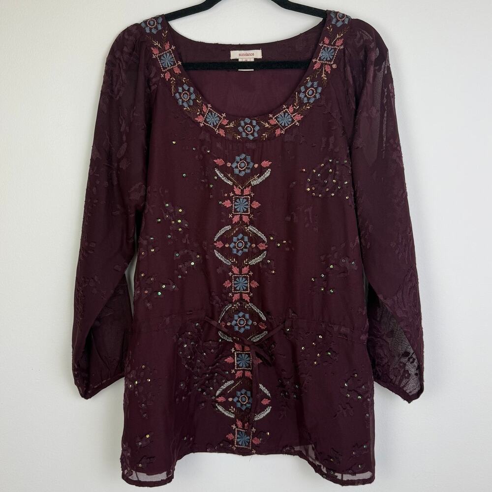 Sundance Womens Embroidered Floral Sequin Bohemian Maroon Blouse Tunic Medium